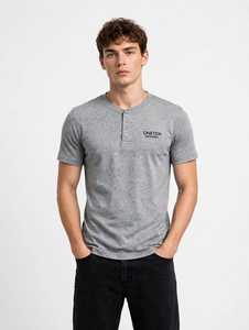 Oneten Apparel <b>Men's</b> Grey <b>Henley</b> T-<b>Shirt</b> 300 Grams Jersey Cotton Breathable Front Print Short Sleeve Casual Regular Fit - Product Image 1