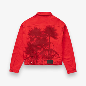 Chaqueta vaquera de camionero roja para hombre, de sarga de algodón, con diseño de parche de logotipo bordado en chenilla personalizado - Product Image 4