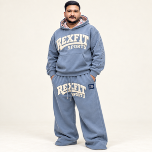 Custom Unisex <b>Oversized</b> <b>Fleece</b> <b>Hoodie</b> Sweatpants Set with Applique Letter Rhinestone Sleeve Detail Wide Leg Tracksuit Set OEM - Product Image 2
