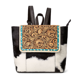 Western Cowhide Leather Shoulder Bag Hair On Hide Hand <b>Tooled</b> Floral <b>Backpack</b> Boho Travel Rucksack Handmade Laptop Bag Women - Product Image 1