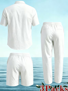 2026 Summer Vacation Style Men's Khaki 100% Cotton Woven Satin Solid Short Sleeve Shirt Long Pants Shorts Set Casual Beach 2pcs - Product Image 2