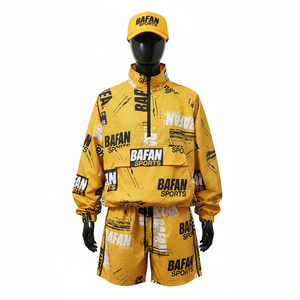 ชุดเซ็ตเสื้อแจ็คเก็ตและกางเกงขาสั้นผู้ชาย ผ้าโพลีเอสเตอร์น้ำหนักเบา ระบายอากาศ แห้งเร็ว สีเหลืองดำ พร้อมโลโก้แบบรีดร้อน ไซส์พลัส - Product Image 5