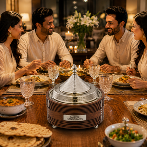 Plat de service de luxe en acier inoxydable isolé avec finition bois, fait main, pour maintenir les aliments au chaud, vaisselle de cuisine haut de gamme - Product Image 2