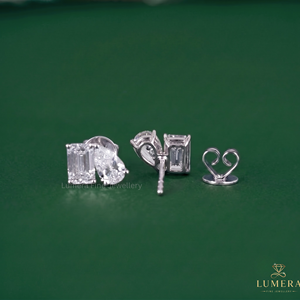 Lab Grown Diamond Emerald & Pear Two Stone Stud <b>Earrings</b> Modern Minimalist 14K Solid Gold Bridal Custom Jewelry OEM Manufacturer - Product Image 3