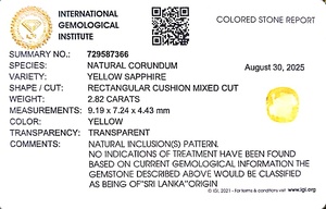 พลอยแซฟไฟร์สีเหลืองทรงคุชชั่นธรรมชาติ 2.82 กะรัต จากศรีลังกา สำหรับทำเครื่องประดับ พร้อมแผนภูมิราตติ 3.25 YSON-25 - Product Image 6