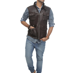 <b>Men's</b> Dark Brown Leather <b>Vest</b> Turn-down Collar Zipper Closure Solid Color Breathable Workwear Style Winter Outer Wear Regular - Product Image 6