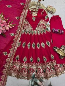 Women Traditional <b>Red</b> <b>Silk</b> Anarkali Suit With Gold Embroidery Floor-Length Dress For Wedding Indian Pakistani Style Suit - Product Image 5