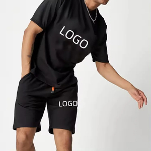 Conjunto de Camiseta y Pantalones Cortos de Algodón Negro para Hombre con Logotipo Estampado, Cuello Redondo, Estilo Casual de Verano, Tejido Transpirable - Product Image 3
