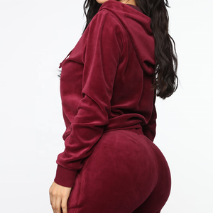 New Heavyweight Maroon Women Velour Hooded Zip Up Sweatshirt Jogger Pants Two Piece <b>Tracksuit</b> Set Workout Tall Girl Women Set - Product Image 4