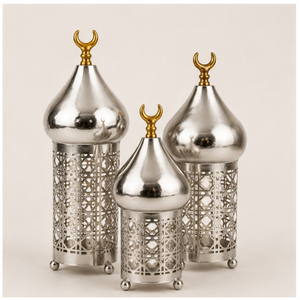 Wholesale <b>Silver</b> Ramadan Decoration Metal Hollow Out Mosque Dome Ornate Minaret <b>Lamp</b> for Eid Mubarak Festive Home Table Decor - Product Image 1