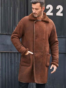 Men's Brown Genuine Leather Jacket With <b>Faux</b> <b>Fur</b> Lining Turn-down Collar Long Winter <b>Coat</b> Regular Fit Workwear Style - Product Image 1