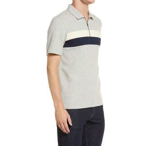 Polo de hombre con cremallera de un cuarto, bloques de color y franja en el pecho, 2026, estilo casual elegante, manga corta, corte ajustado, gris jaspeado y azul marino - Product Image 2