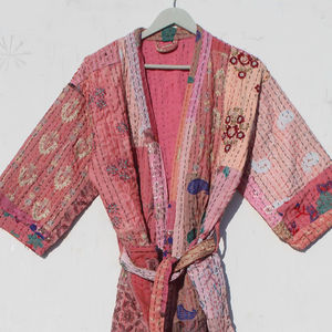 Robes kimono en coton brodé Kantha pour femmes, grandes tailles, robes de chambre patchwork pour l'été et l'automne, vêtements de plage - Product Image 1