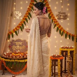 Sari en soie Rangoli haut de gamme avec broderies et sequins, modèle de designer pour fêtes et mariages, avec tissu Bangalori Si cousu - Product Image 1
