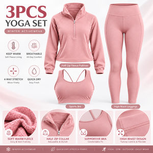 Conjunto de yoga sencillo de 3 piezas para mujer: Top deportivo de forro polar con media cremallera y espalda cruzada, sujetador deportivo y leggings de cintura alta de secado rápido para invierno - Product Image 1