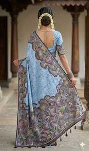 Sari en coton bleu avec imprimé floral dessiné à la main, tenue traditionnelle indienne et pakistanaise pour mariage et fête, longueur au sol, coupe classique pour femme - Product Image 2