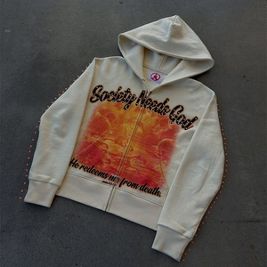 Hoodie polaire oversize zippé, style streetwear automne 2026, avec broderie, patchwork, strass, appliqué en relief motif singe et délavage acide - Product Image 1