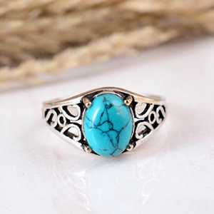 Vintage 925 Silver Blue <b>Turquoise</b> <b>Ring</b> Handmade Filigree Oxidized Statement <b>Ring</b> Wholesale Natural Stone Jewelry - Product Image 1