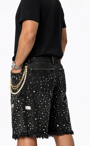 Shorts en jean délavé uni pour homme avec strass, taille haute élastique, style urbain, idéal pour l'été - Product Image 4
