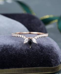 Black Onyx Curved wedding band <b>Silver</b> Moissanite Diamond Wedding Band Vintage Marquise Cut <b>Stacking</b> Unique Bridal Anniversary - Product Image 1