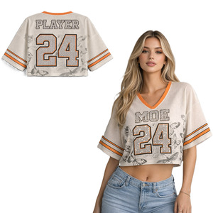 Women's <b>Rhinestone</b> American Football Jersey Cropped <b>Mesh</b> V Neck Streetwear <b>Top</b> Breathable Polyester OEM Custom Supply - Product Image 1