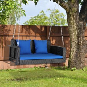Sedia a dondolo in rattan nero da 49 pollici con cuscino blu, resistente sedia a dondolo da patio in rattan - Telaio non incluso - Product Image 5