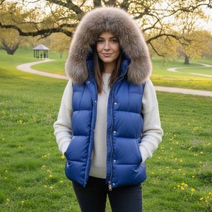 Gilet matelassé en cuir véritable pour femme, à capuche, en fourrure de renard naturelle, respirant, coupe-vent, vêtement d'extérieur de luxe personnalisé - Product Image 1