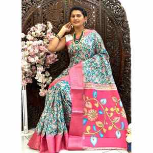 ดาล่าผ้าไหมพิมพ์ลายดิจิทัลคันจิวารัมชุดส่าหรีทำงานขอบเสื้อไร้ตะเข็บสีเขียวทะเล - Product Image 1