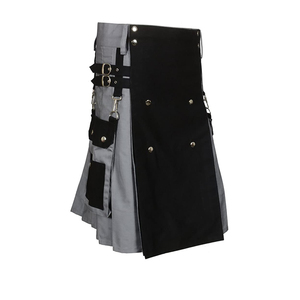Kilt plissé en laine gris et noir avec poches et sangles à boucle pour hommes - Product Image 2