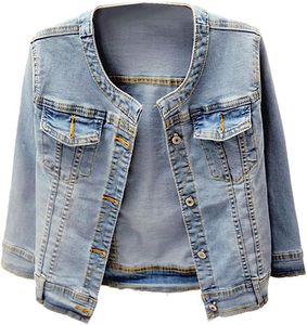 <b>Cropped</b> <b>Denim</b> <b>Jacket</b> Women Light Wash Button Front Pockets Long Sleeve Casual Autumn Style Distressed Finish - Product Image 4