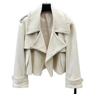 Lady Fashion Jackets 2025 Spring Crop Coats Chaqueta de tela con cuello vuelto de cuero genuino - Product Image 1