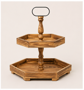 Vintage 2 Tiered Wooden Cake Stand Farmhouse Hexagon Dessert <b>Display</b> Tray for Weddings and <b>Coffee</b> Bar Decor Best Price - Product Image 3