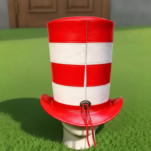 Chapeau haut de forme en cuir fait main de qualité supérieure, rayé rouge et blanc, pour festival ou costume, chapeau de déguisement spectaculaire - Product Image 2