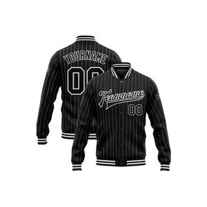 Custom <b>Men's</b> Black Striped Varsity <b>Jacket</b> with Team Name Number Print Front Back Design Casual Autumn Wear Breathable Polyester - Product Image 1