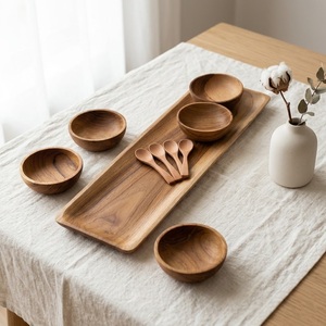 Ensemble de service en bois de teck artisanal au design moderne, plateau à condiments écologique avec petits bols et cuillères pour les collations et les sauces, meilleur prix - Product Image 2