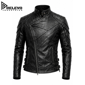 <b>Men</b> Handmade Black Genuine <b>Leather</b> Motorcycle Biker <b>Jacket</b> with Quilted Sleeves, Stand-Up Collar and Adjustable Side Straps - Product Image 1