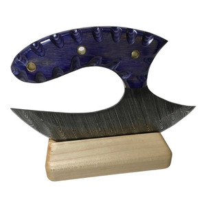 Couteaux Ulu en acier Damas faits à la main, avec fourreau en cuir, manche en bois, coupe-pizza, lame forgée, couteaux ambidextres - Product Image 4