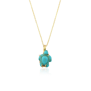 Collier pendentif tortue de mer en laiton plaqué or 18 carats, avec breloque turquoise bleue en forme d'animal, serti griffes, bijou unisexe - Product Image 1