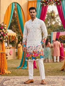 AARIKA TEXTILE Luxury Pure Silk Quick Dry <b>Kurta</b> Set Heavy Crochet Sequence Work Digital Print Traditional Festive Wedding <b>Mens</b> - Product Image 4
