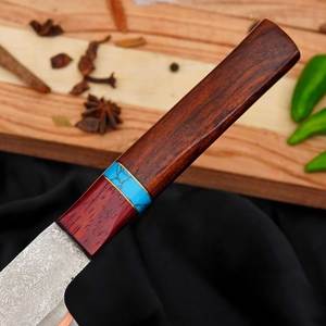 มีดทำครัวทำมือ ใบมีดตรงปลายแหลม ลายทองแดงสลัก พร้อมปลอกหนัง - Product Image 6
