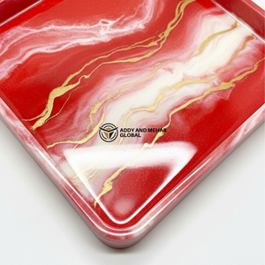Ensemble de plateaux de service en résine design – Finition marbre rouge brillant et beige, plateaux décoratifs carrés - Product Image 4