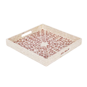 Bandeja de Servir de Nácar, Bandeja Decorativa Cuadrada con Incrustaciones de Concha y Mosaico de Hojas Florales para Mesa de Centro, Otomana y Decoración del Hogar - Product Image 2