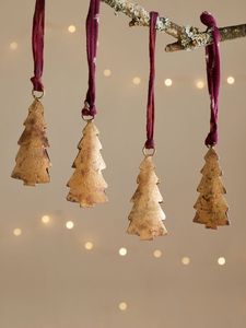 Christmas Vintage Brass Tree Ornaments Handcrafted Christmas Decor with Purple Ribbon <b>Hanging</b> Decorations - Product Image 1