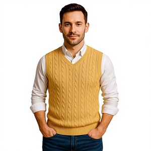 Men's Mustard <b>Yellow</b> V-Neck Cable Knit Sweater Vest Sleeveless Twist Rope Graphic Pullover Casual Preppy Fall Winter Waistcoat - Product Image 1