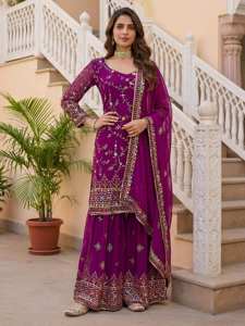 Ensemble sharara pour femme en faux georgette noir brodé avec kurti et dupatta en polyester, longueur ras du sol, robe ethnique traditionnelle pour soirée - Product Image 3