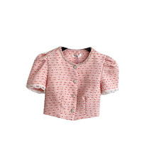 Blusas de punto casuales de verano con cuello en V y manga corta para mujer, camisas de encaje sólido con manga abullonada, tops dulces para mujer