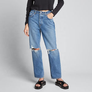 Jeans en denim de haute qualité, respirants, lavables, pour femmes, coupe boyfriend, jambe large, longueur intégrale, polyester/coton - Product Image 1
