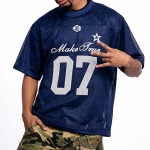 Jersey de Fútbol Americano Azul Marino de Lujo Personalizado de Fábrica, Estilo Urbano, Oversize, Tejido Comprimido de 220g, Ecológico, para Fútbol - Product Image 5