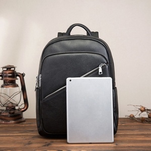 Custom Logo Pebbled <b>Black</b> Leather <b>Backpack</b> Diagonal Zipper Waterproof Laptop Daypack Travel Business <b>School</b> Bookbags - Product Image 2