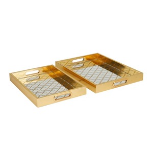 Gold Plated Rectangle Storage Trays With Geometric Pattern Polished Finish For <b>Tabletop</b> Decor - Product Image 3